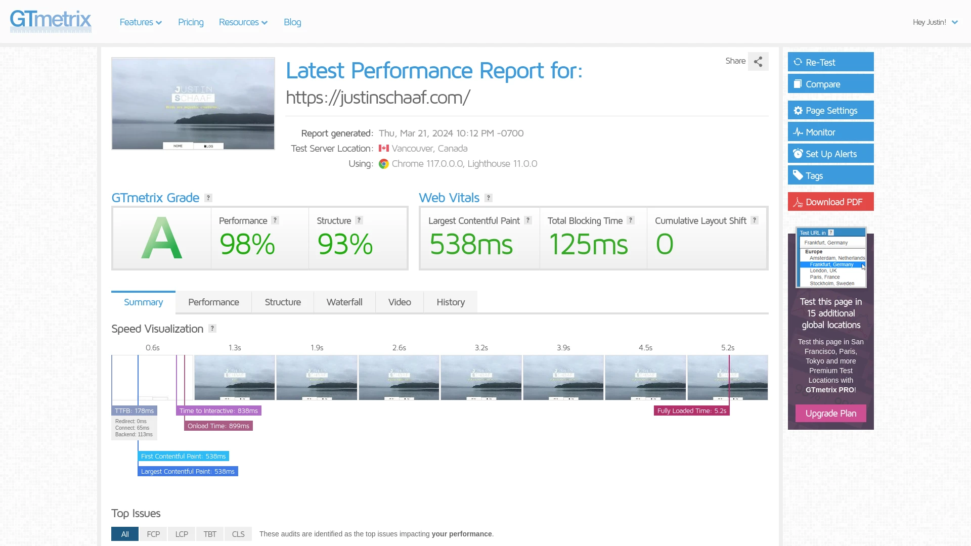 A screenshot of GTmetrix showing the latest performance report for justinschaaf.com. The overall GTmetrix Grade is an A, with 98% Performance score and 93% Structure score. The Web Vitals show 538ms for Largest Contentful Paint, 125ms for Total Blocking Time, and 0 for Cumulative Layout Shift. The speed visualization graph at the bottom shows 538ms for both the first and largest contentful paints, 838ms time to interactive, 899ms onload time, and 5.2s fully loaded time.