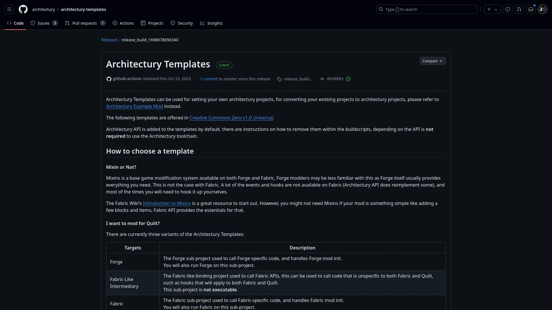 The GitHub Releases page for Architectury Templates from October 23, 2023. This is the latest version as of writing