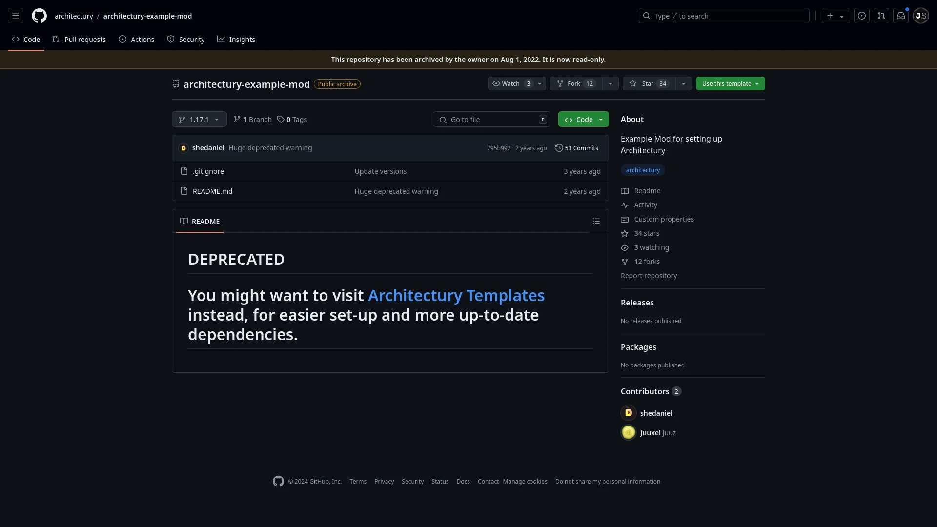 The GitHub page for architectury-example-mod with a warning in the README from 2 years ago: "DEPRECATED. You might want to visit Architectury Templates instead, for easier set-up and more up-to-date dependencies."
