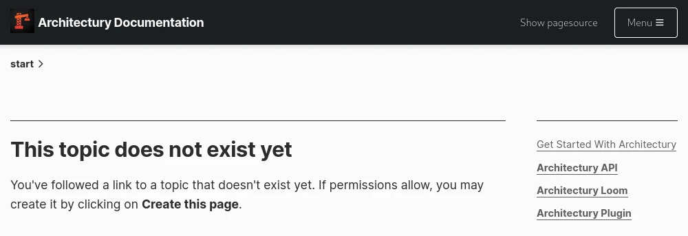 The Architectury Documentation website with an error message stating "This topic does not exist yet."