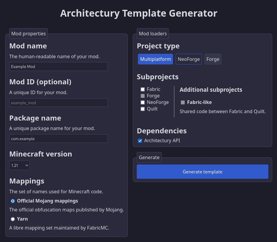 A screenshot of the Architectury Template Generator website, with options to enter the mod's name, ID, package name, Minecraft version, and code mappings. There's also options to select what platforms the mod supports, including Fabric, Forge, NeoForge, and Quilt. The box for Forge is greyed out and cannot be selected.
