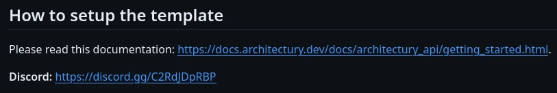 Further down on the GitHub Releases page for Architectury Templates. The section is entitled "How to setup the template" with links to "Please read this documentation" and Discord.