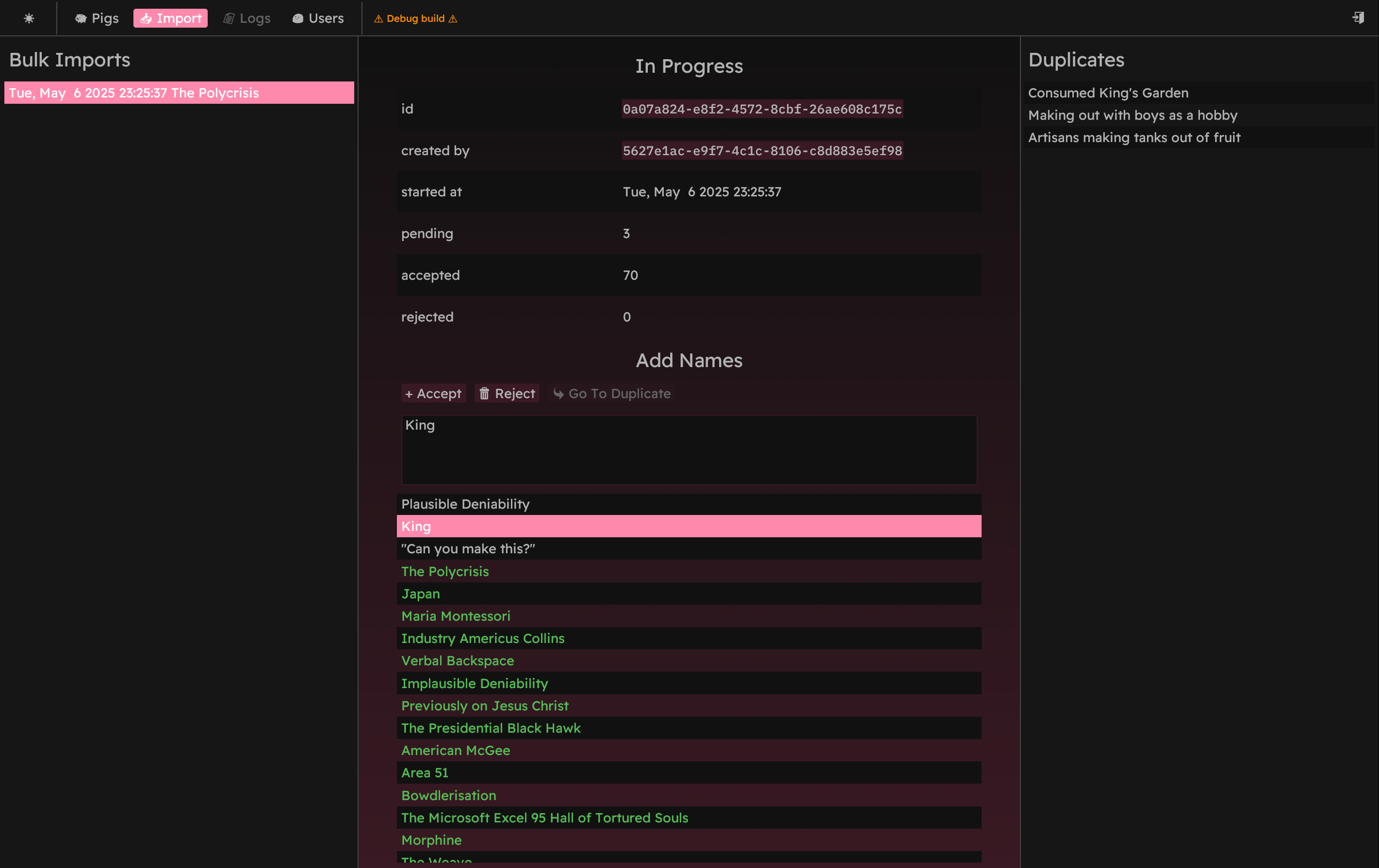 The Bulk Import wizard. A panel on the left lists the user's previous imports. The middle column shows information about the current import and the list of names it includes, all on a gradient background from black at the top to pink on the bottom. On the right lists all duplicates of the selected name from the list in the center.